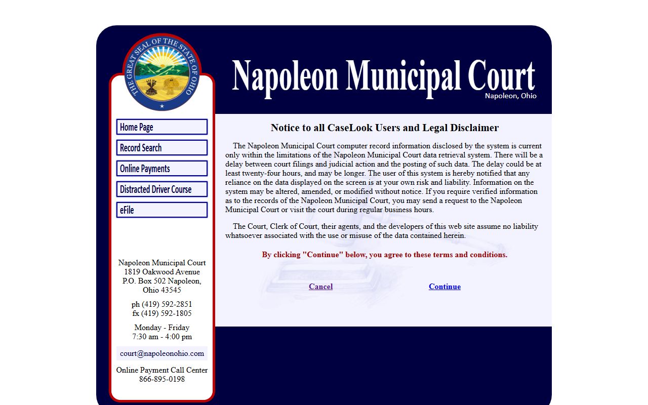 Napoleon Municipal Court record search disclaimer page
